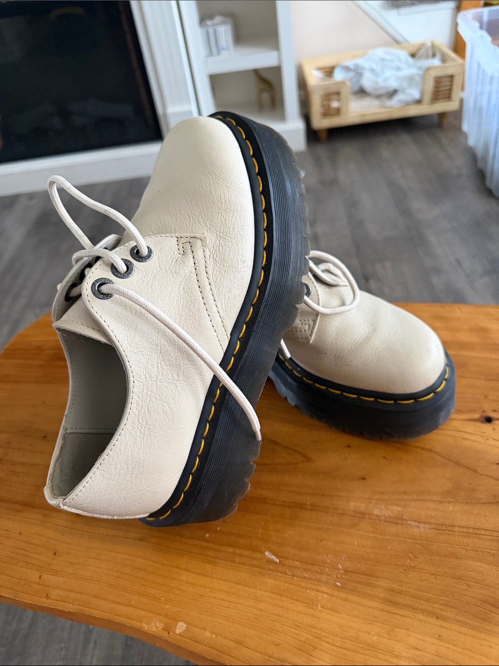 Dr. Martens Cream Platform Lace-Up Oxfords with Yellow Stitching